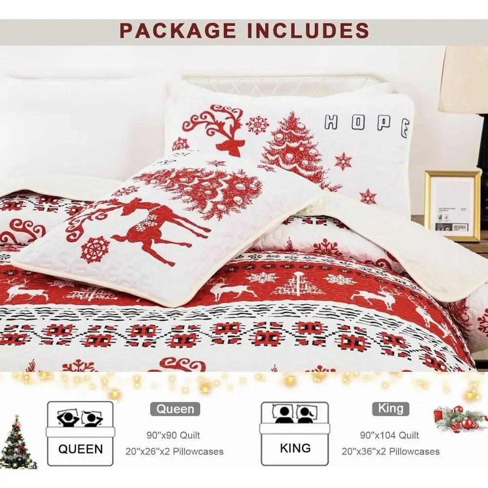 DJY Christmas Quilt Set Christmas Trees Reindeer Snowflake Pattern 3 Pc King